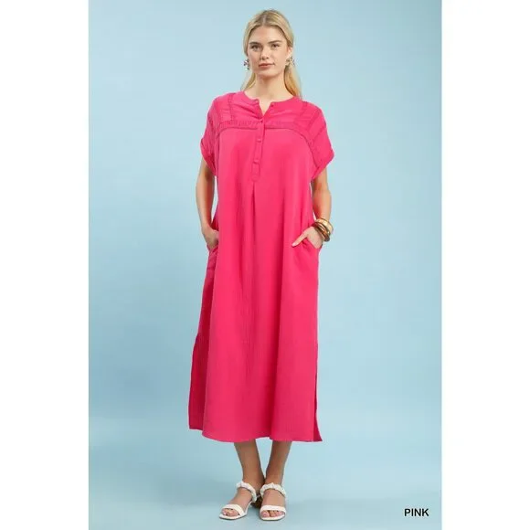 Umgee Button-Front Gauze Midi Dress with Lace Detail - Picture 5 of 6